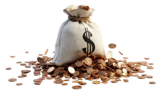 3D money bag with dollar sign spilling out coins, background isolated on a Transparent background, PNG file.
