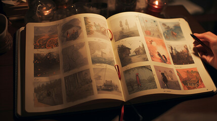 Photo of an open book displaying vintage art sketches and drawings on its pages in a dimly lit room