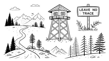 Flat 2D black-and-white doodle illustrations of national park landmarks and signs, such as trail markers, lookout towers, scenic viewpoints, and "Leave No Trace" signs. All rendered with clean lines a