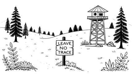 Flat 2D black-and-white doodle illustrations of national park landmarks and signs, such as trail markers, lookout towers, scenic viewpoints, and "Leave No Trace" signs. All rendered with clean lines a