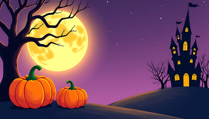 Fototapeta premium Spooky halloween night with full moon haunted castle and pumpkins