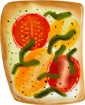 Watercolor Illustration of Tomato Toast