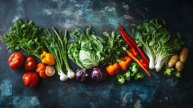 An assortment of fresh vegetables arranged on a dark textured background. Healthy eating and food preparation concept.