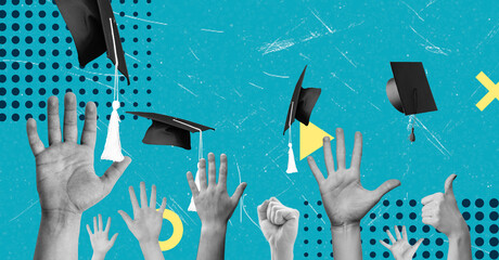 Art collage, Students celebrating graduation with caps in the air during a festive ceremony in a...