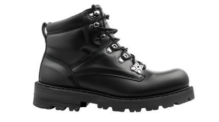 Close up studio shot of a shiny leather boot with metal eyelets and a chunky sole on a dark surface