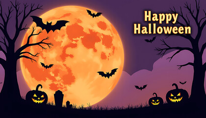 Spooky halloween night with a large orange moon and flying bats