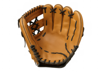 New baseball glove made of brown leather, isolated on transparent background, ready for catching