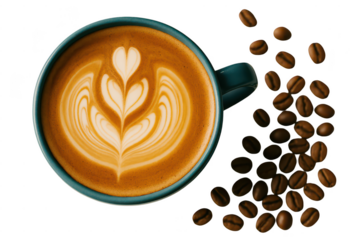 Latte art in a teal mug with coffee beans.