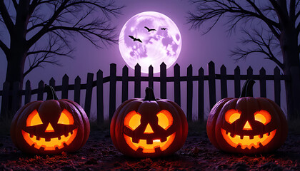 Fototapeta premium Three jack o lanterns glow under a full moon with bats on halloween night