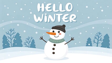 Fototapeta premium Cute snowman welcomes the winter season with falling snow