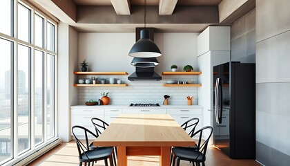Modern Kitchen Interior with Dining Table and Large Windows
