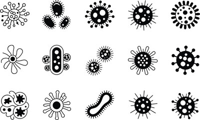 A collection of black and white vector drawings of various virus and bacteria