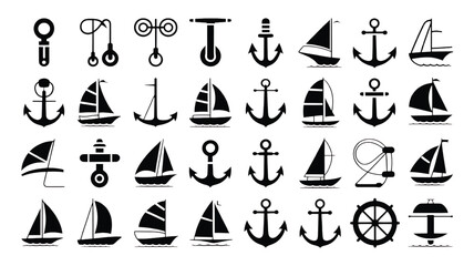 Collection of various stylized vector maritime icons boats anchors and nautical equipment for design elements graphic resources and illustrating sea related topics