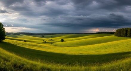 Obraz premium Rolling green fields under dramatic stormy sky landscape