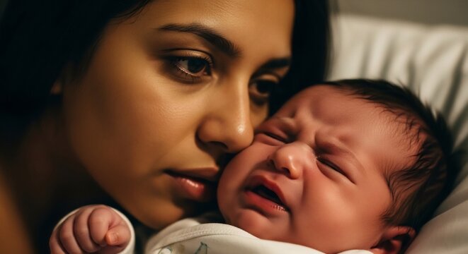 Touching portrait: Mother comforts her crying newborn. Perfect for postpartum depression awareness, maternal health, new parenting, emotional support, baby care content.