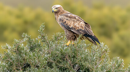 Obraz premium A bird of prey perched atop a leafy bush. The bird has a golden-brown plumage, sharp beak, and keen gaze. Natural background of blurred greenery