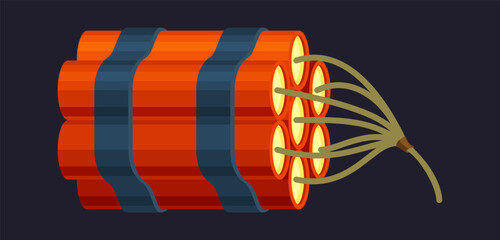 TNT. dynamite box, fuse cartridge belt, red detonators stick burning cable. vector cartoon item.