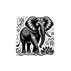 Fototapeta premium An ornate elephant stands amidst stylized flowers and foliage