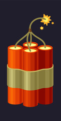 TNT. red detonators stick burning cable dynamite box, fuse cartridge belt,. vector cartoon item.