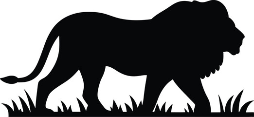 Lion walking in grass silhouette, A lion walking through grass  icon silhouette vector isolated on white background