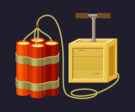 TNT. fuse cartridge belt, dynamite box, red detonators stick burning cable. vector cartoon item.
