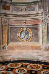 Italy, Europe: details of the frescoed walls and decorated floors of the church of the Certosa di Pavia, (Pavia Charterhouse), famous monastery complex in Lombardy built from 1396 to 1495