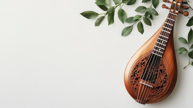 A pipa with decorative carvings, ample space on the right for text, against a white backdrop