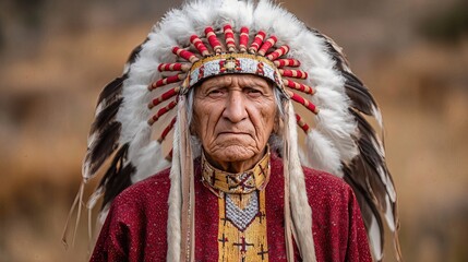 An elderly Native American chief gazes forward with solemn dignity, dressed in a feathered headdress and ceremonial red robe rich in tribal patterns.
