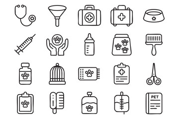 Veterinary Care Essentials Vector Set Detailed Line Art Icons Stethoscope, Syringe, Pet Bowl, First Aid Kit, Grooming Brush, and More on Transparent Background