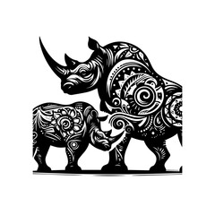 Fototapeta premium A mother and baby rhino with tribal patterns isolated on white background