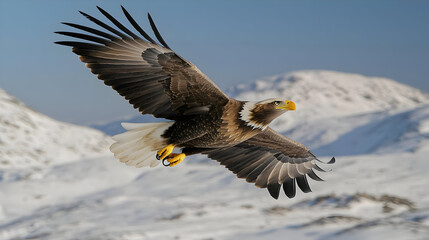 Obraz premium Powerful bird of prey soaring above snowy mountains. Large wings outstretched in flight. Sharp talons and beak. Majestic scenery