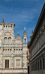 Italy, Europe: facade of The Certosa di Pavia (Pavia Charterhouse), famous monastery complex in Lombardy built from 1396 to 1495, commissioned by first Duke of Milan Gian Galeazzo Visconti