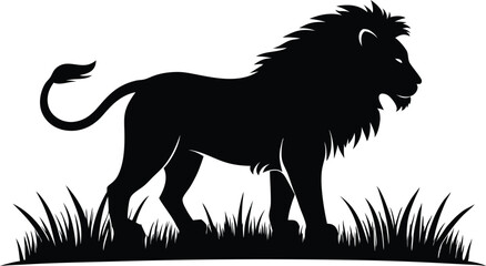 Lion walking in grass silhouette, A lion walking through grass  icon silhouette vector isolated on white background