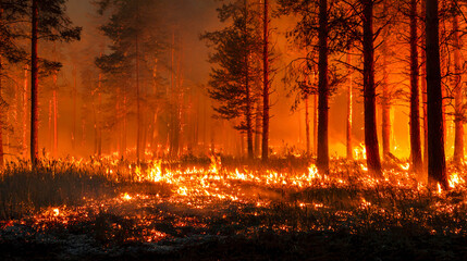 A forest fire. The trees are engulfed in flames, and smoke fills the air. The fire spreads across the ground, turning everything around it bright orange and red.