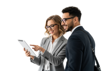 Young businesswoman in grey suit and businessman in dark suit, both with glasses, collaborate over a silver digital tablet, smiling on a transparent studio background with ample copy space,