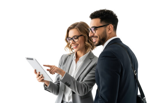 Young businesswoman in grey suit and businessman in dark suit, both with glasses, collaborate over a silver digital tablet, smiling on a transparent studio background with ample copy space,