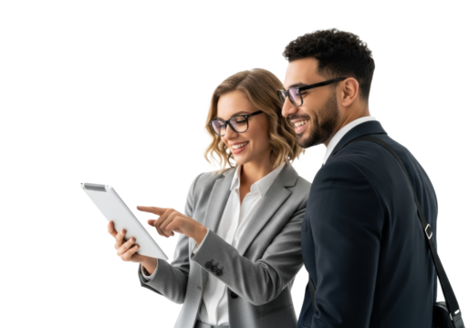 Young businesswoman in grey suit and businessman in dark suit, both with glasses, collaborate over a silver digital tablet, smiling on a transparent studio background with ample copy space, - Powered by Adobe
