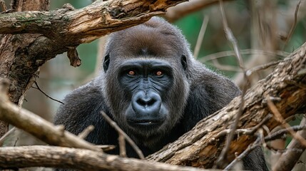 Fototapeta premium A powerful gorilla gazes intensely through dense forest branches, its face framed by nature and filled with raw strength. 