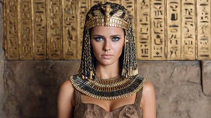The Egyptian queen Cleopatra gazes forward, wearing a radiant uraeus headdress and jewels, with a shimmering background of golden symbols.
