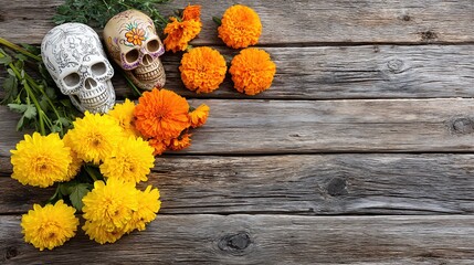 Overhead view of rustic wooden boards decorated with vibrant Day of the Dead skulls and marigold-like flowers, leaving space in the center.
