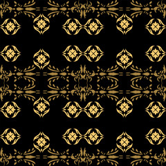 An artwork seamless ethic Songket Padang textile pattern  geometric motifs in a warm golden-brown on  black background. Classic design symmetrical borders traditional weaving artistry.