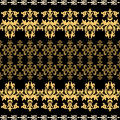 An artwork seamless ethic Songket Padang textile pattern  geometric motifs in a warm golden-brown on  black background. Classic design symmetrical borders traditional weaving artistry.