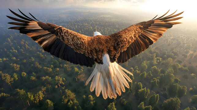 Majestic eagle soaring above lush forest, back view. Sunlight highlights plumage
