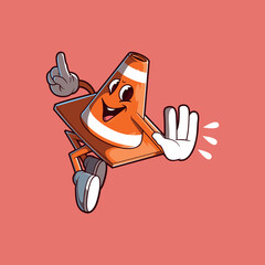 Smiling Traffic Cone Jumping and Gesturing to Stop vector illustration. Object, Sign design concept.