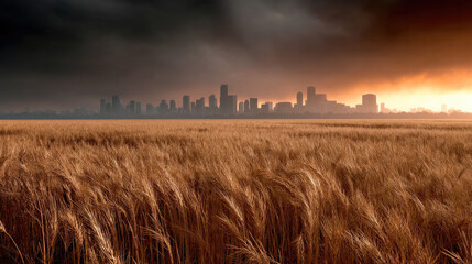 Fototapeta premium Golden wheat field under dramatic sky with city skyline in background, warm sunlight, peaceful and moody atmosphere