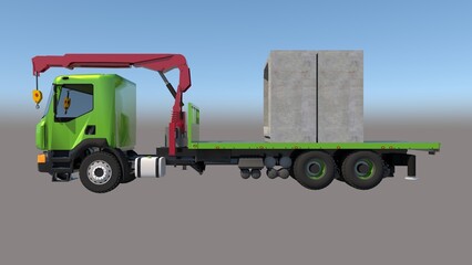 3D render of a green semitruck with a 20-ton mounted crane carrying two 200cmx200cmx120cm concrete box culverts, from the side against a gradient set, related to heavy-duty transportation, logistics