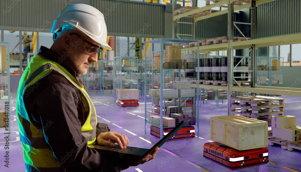 Poster engineer with laptop monitors autonomous robots transporting goods in a smart warehouse, highlightin