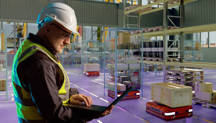 Engineer with laptop monitors autonomous robots transporting goods in a smart warehouse, highlighting automation and logistics. Warehouse, Automation, Robotics, Logistics.