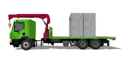 3D render of a green semitruck with a 20-ton mounted crane carrying two 200cmx200cmx120cm concrete box culverts, from the side against a white set, related to heavy-duty transportation, logistics