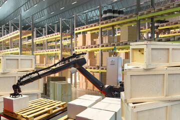 Robotic arm organizes wooden crates in a modern warehouse, showcasing advanced automation, precision handling, and smart logistics. Warehouse, Automation, Robotics, Logistics.